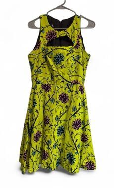 Ray Darten Yellow Floral Sleeveless Vibrant Cotton Midi A Line Dress Large